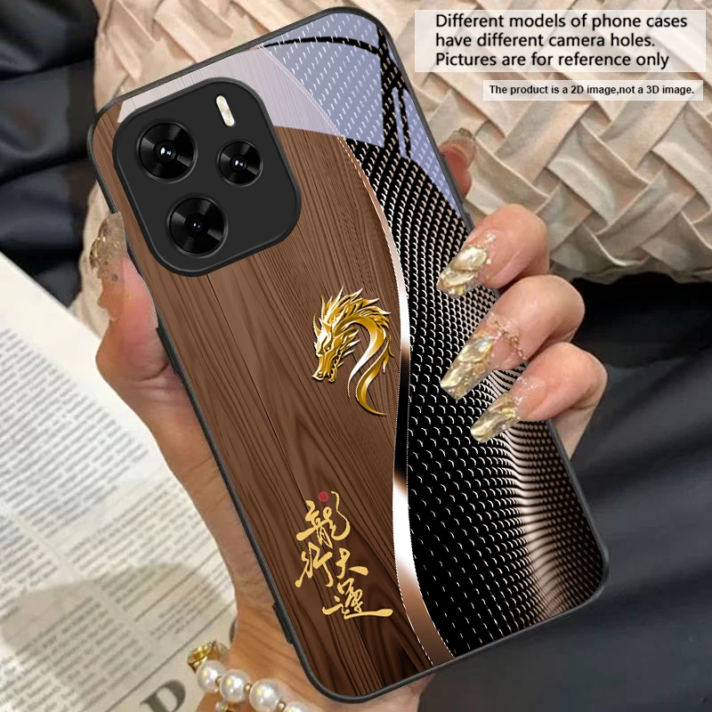 Elegant Black Tempered Glass Phone Case with Traditional Dragon Totem Design