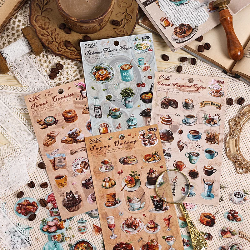 6 Blatt/Packung Genießen Sie Kaffee, Werkstatt, gestanzte, wasserfeste PET-Aufkleberfolie, niedliches kreatives Journaling-Tagebuch, Collagenmaterial