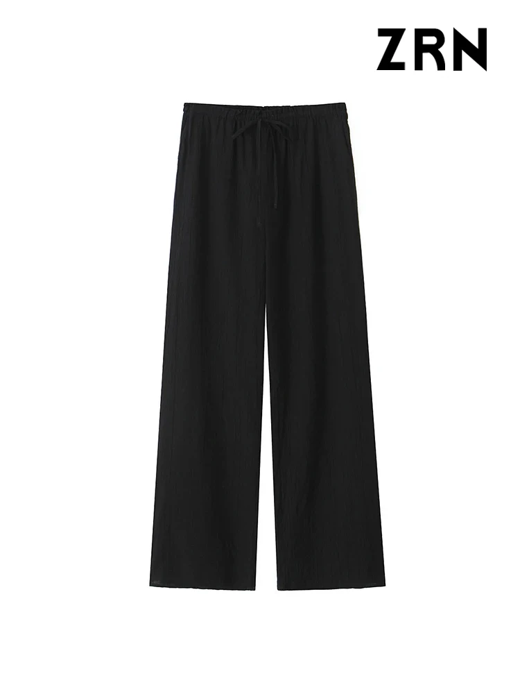 ZRN-Flowing Textured Pants for Women, Side Pockets, Elastic Waist with Drawstrings, Female Trousers, Fashion
