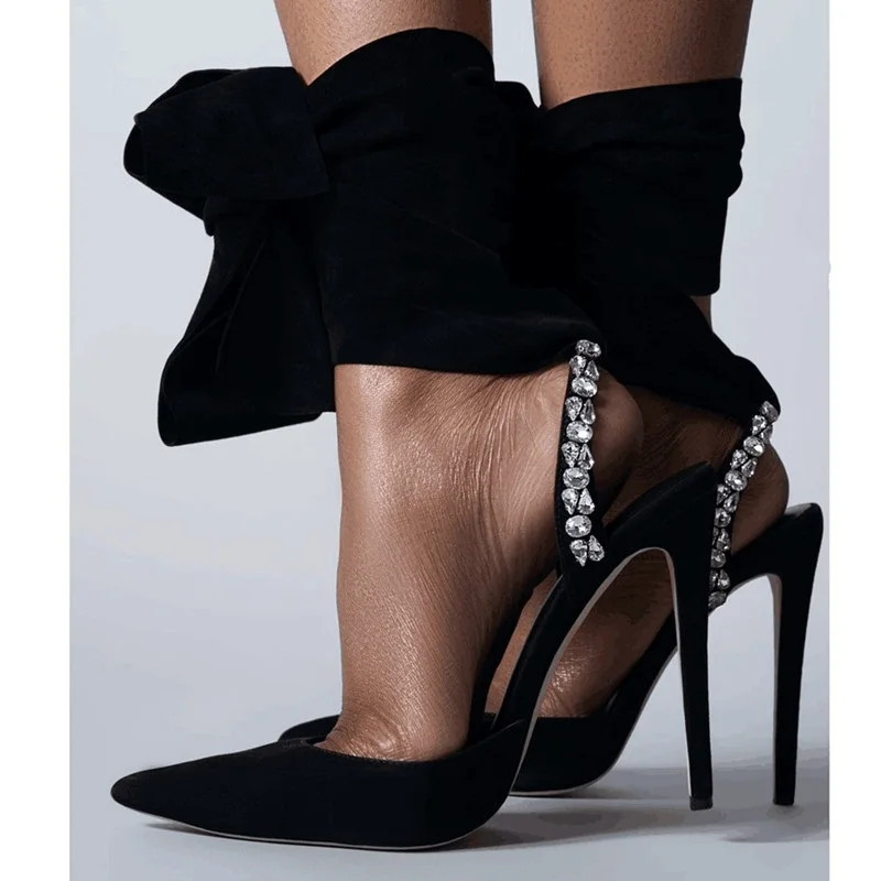 

New Black Suede Crystal Strap High Heel Pumps For Women Pointed Toe Ankle Wrap Lace-up Party Dress Shoes Customized