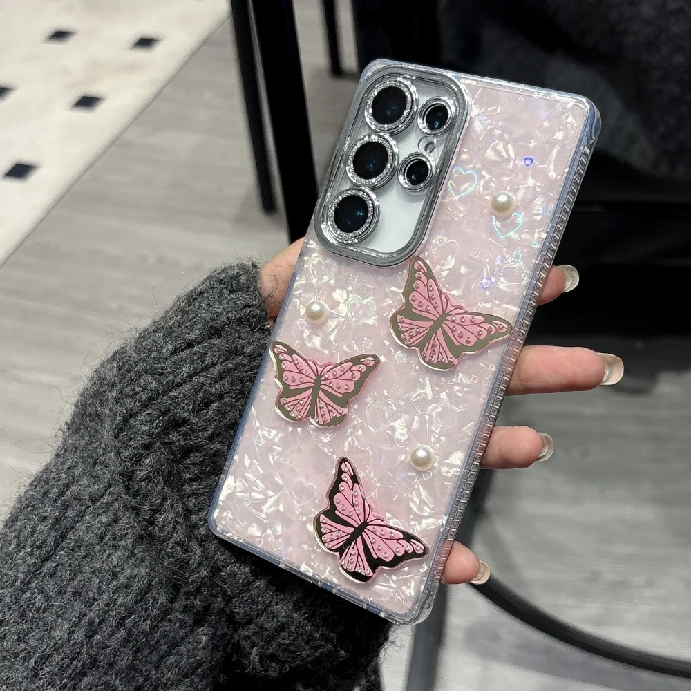 Aurora Glitter Love Heart Butterfly Pearl Shell Phone Case