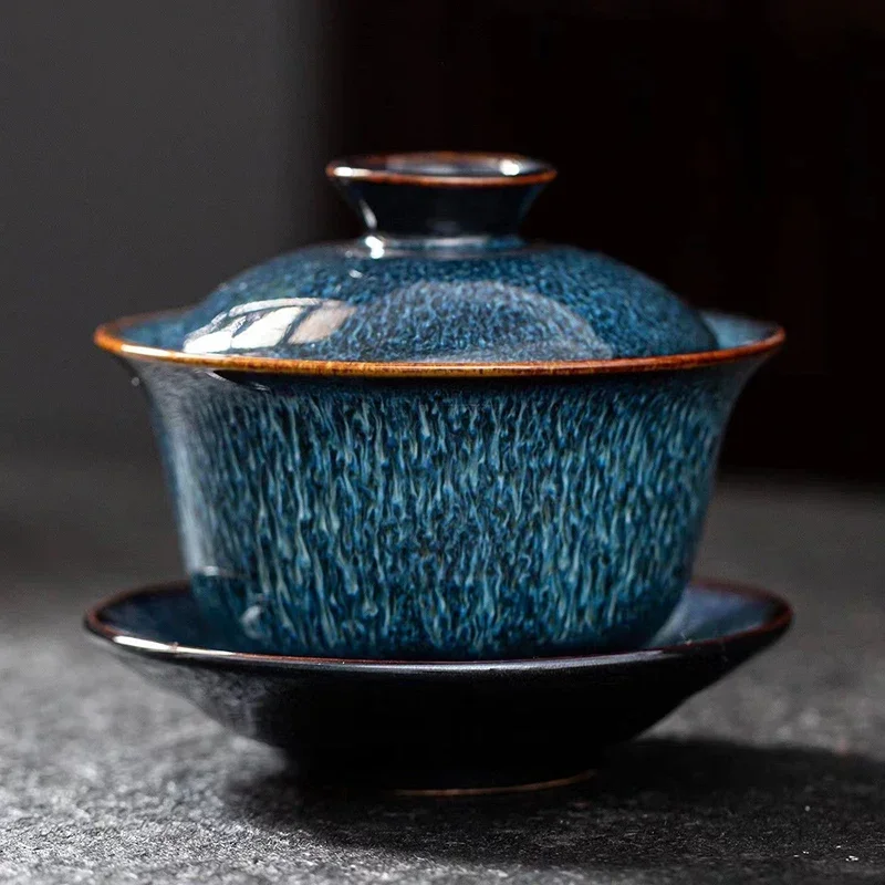 Blue star glaze gaiwan tea set cover bowl tea cups Chinese porcelain with lid hand-drawn lotus