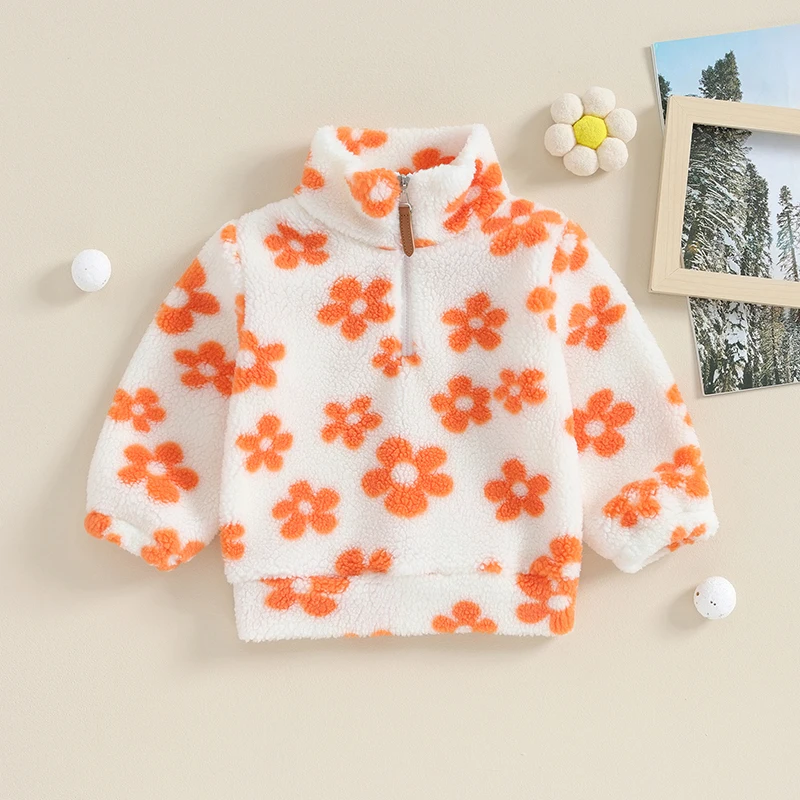 

BeQeuewll Toddler Girl Plush Jacket Floral Print 1/2 Zipper Long Sleeve Pullover Winter Coat for Infant Baby Spring Fall Outwear