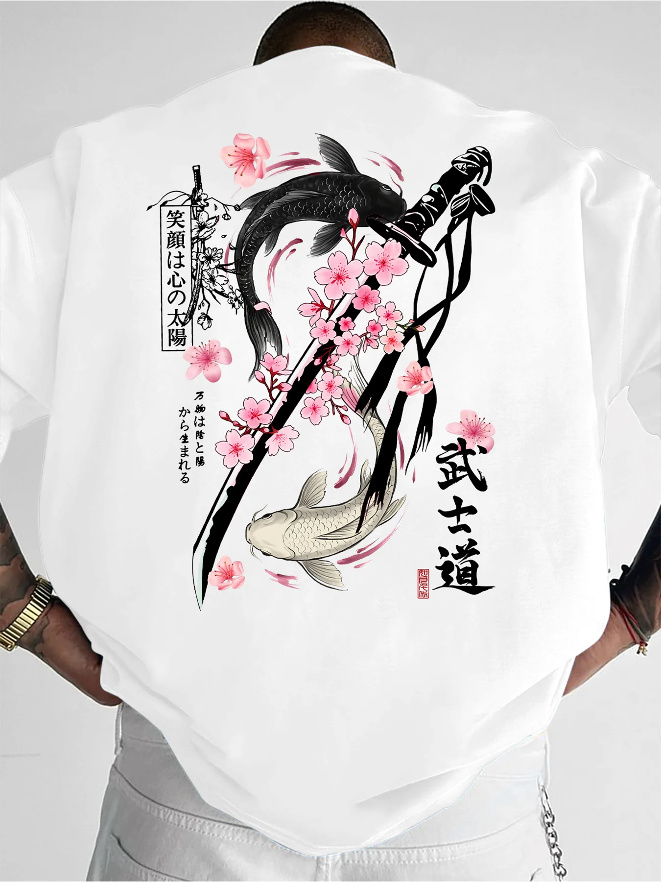 Sommer-T-Shirt mit doppeltem goldenen Karpfen-Bushido-Print für Herren, Rundhalsausschnitt, japanischer cooler Kultur-Stil, kurzärmelig, lässige Alltagskleidung