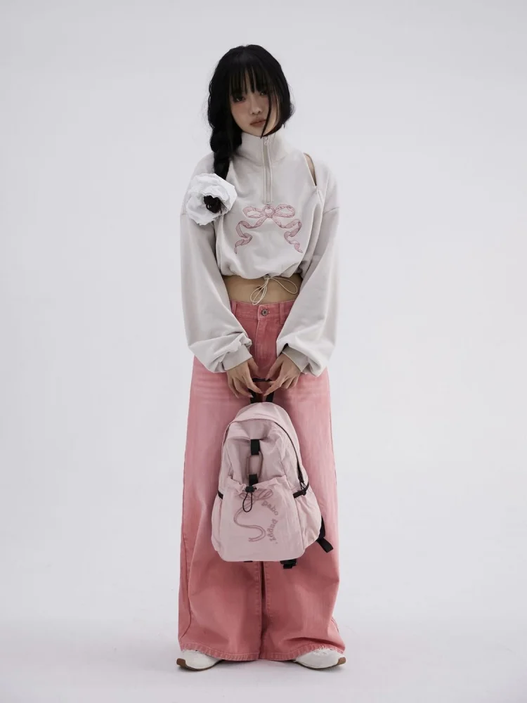 Korean Embroidery Bow Women Nylon Pink Backpacks Girls School Bag High Capacity Female Lightweight Travel Bags Preppy Style