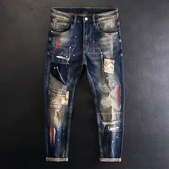 2024 Spring and Autumn New Fashion Trend Printed Straight Leg Stretch Jeans Men's Casual Loose Comfortable High Quality Pants 1