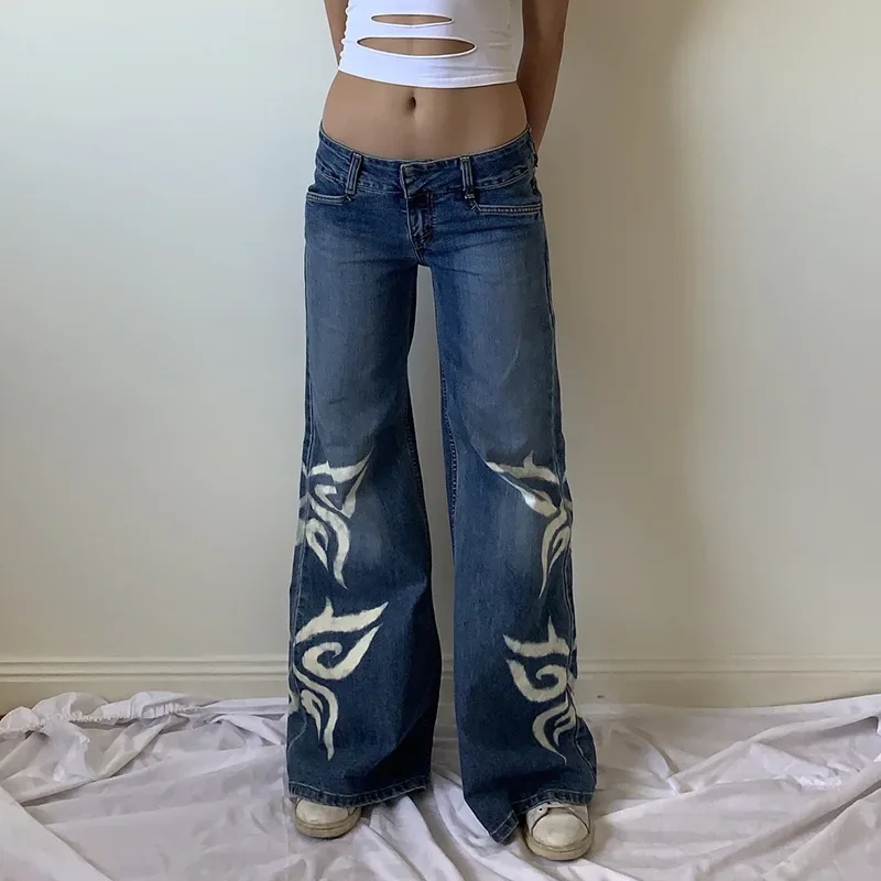 Printed Jeans Women's Old Style Butterfly Print Wide-leg Straight-leg Women's Jeans 2023 Fall/winter New Trousers Low Waist