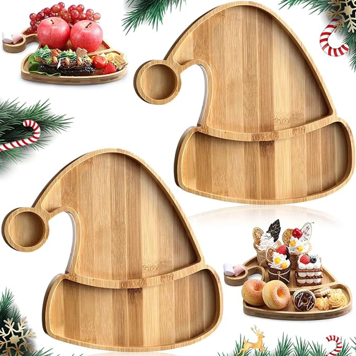 

2Pcs Wooden Serving Tray Plate Hat Shaped Table Serving Platter for Christmas DIY Unique Food Cake Snack Fruit Nuts