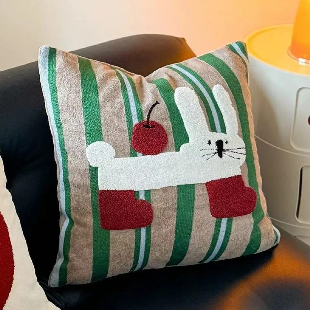 Contemporary Embroidered Cream Pillow Cover - Washable & Soft Home Décor Square Cushion Cover with Cartoon Design