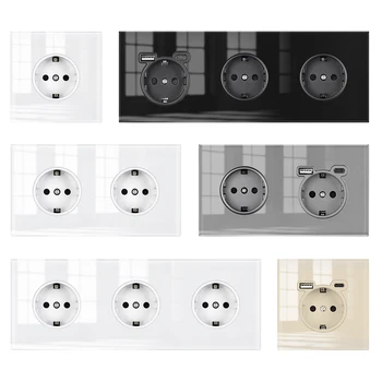 VISWE ปลั๊กไฟฟ้า 16A 250V สีดํากระจกคริสตัลกระจกนิรภัยซ็อกเก็ต EU Wall SOCKET บ้าน 1