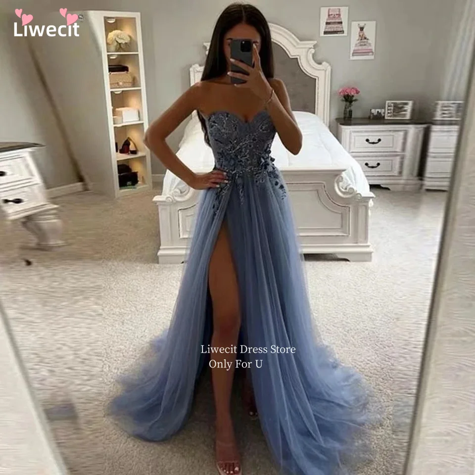 

Liwecit Sweetheart Applique High Split Prom Dresses Sweep Tulle A-line Long Evening Dresses vestidos de fiesta L فساتين السهرة