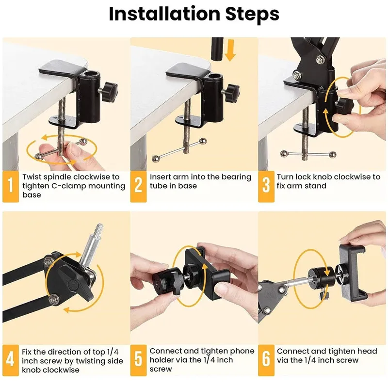 Treppiede con braccio flessibile per supporto telefono da tavolo, pieghevole, con ancoraggio a 360° ° Supporto Girevole per Fotografia e Video da Tavolo per Laptop e Desktop - immagine 4