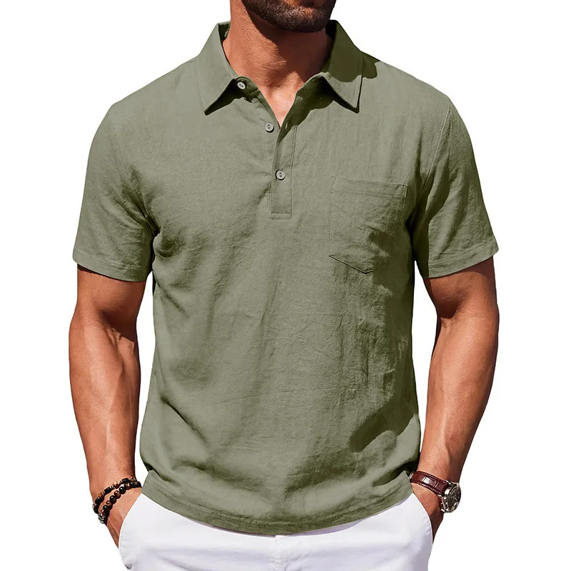 Polo da uomo in cotone e lino con colletto, tinta unita, casual, a maniche corte, per vacanze al mare, con tasche - Collezione Estate 2026 - immagine 6