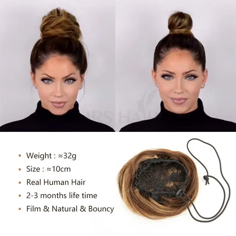 Human Hair Buns Claw On Drawstring Ponytail Flexible Hair Pieces Updo Donut Chignon Clip On Buns for Wedding and Show