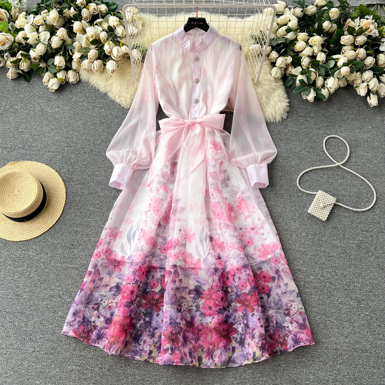 

French Style Retro Stand Collar Long Sleeve Floral Chiffon Dress Women's Spring and Autumn New Waist-Controlled Large Hem Skirt