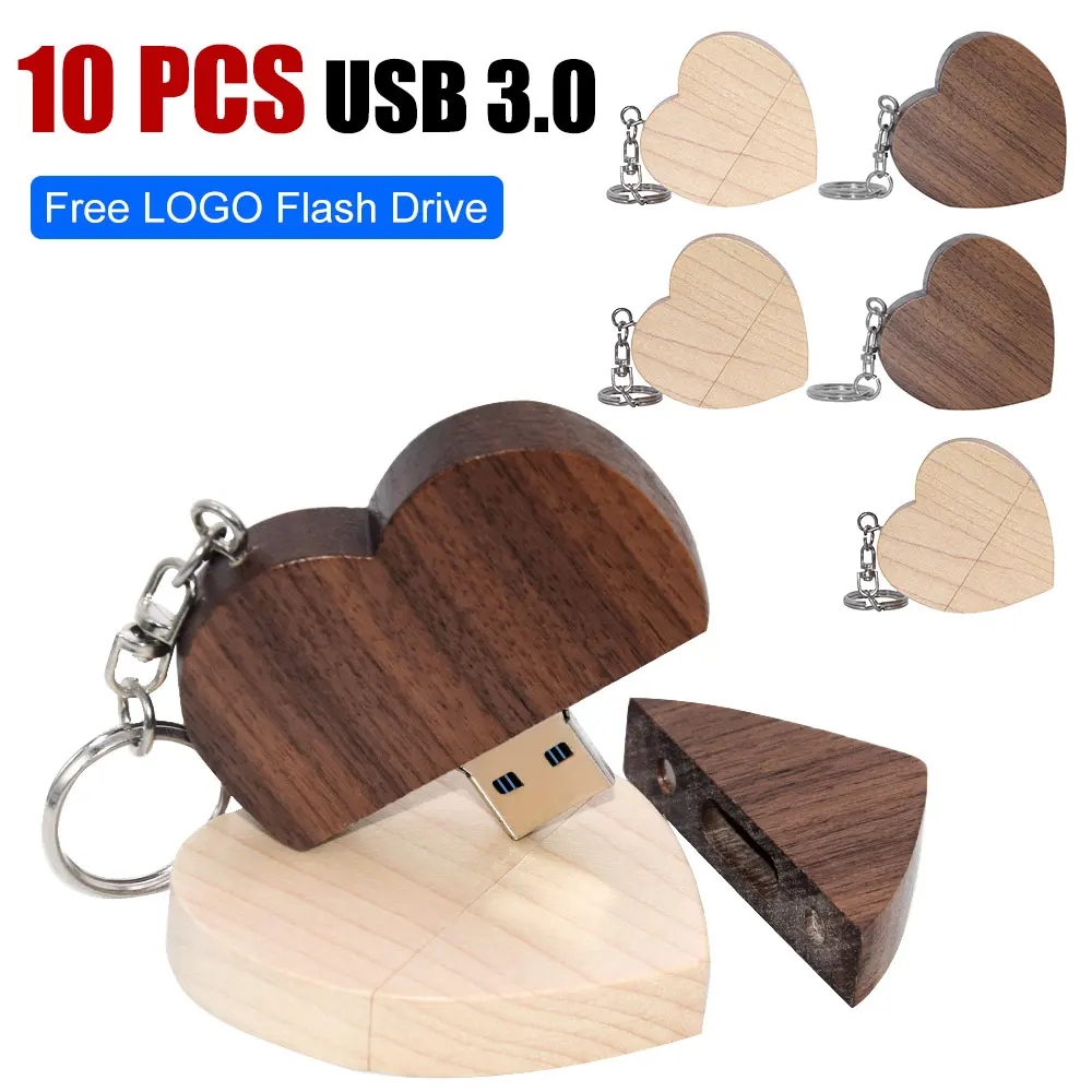 

10pcs Wood Heart USB flash drive3.0 memoria stick 64gb 32gb 8gb 4gb flash drive Wedding Gift photography pendrive custom logo