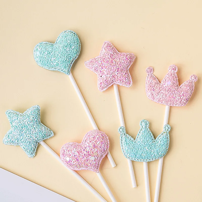 5/10pcs Glitter Pink Blue Love Heart Star Cake Topper for Birthday Baby Shower Party Cake Decor Supplies Crown Cupcake Topper