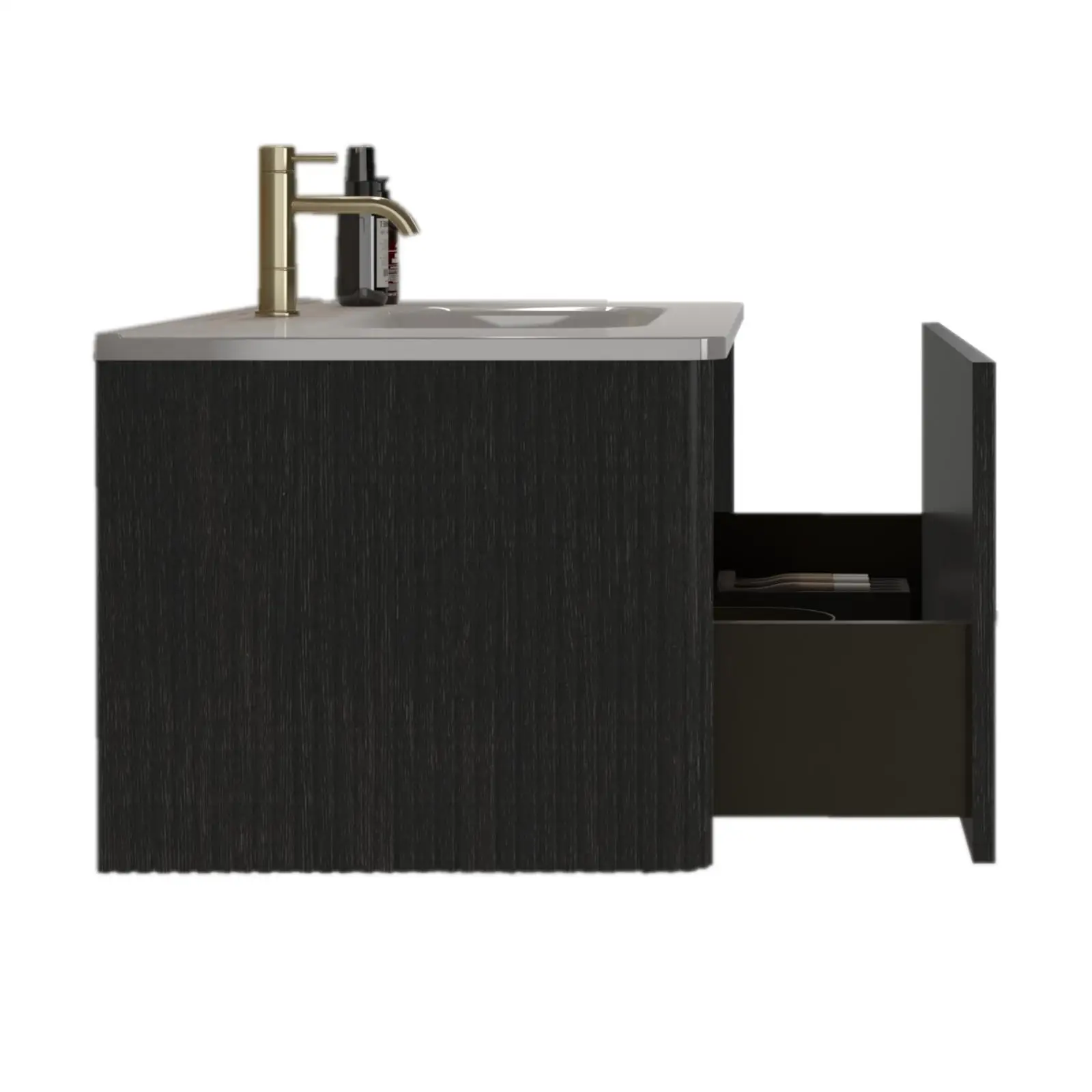 Brushed Black Oak Bathroom Vanity 36 Inch Floating Design White Ceramic Sink Included Luxury Sink Cabinet for Bathroom Remodel
