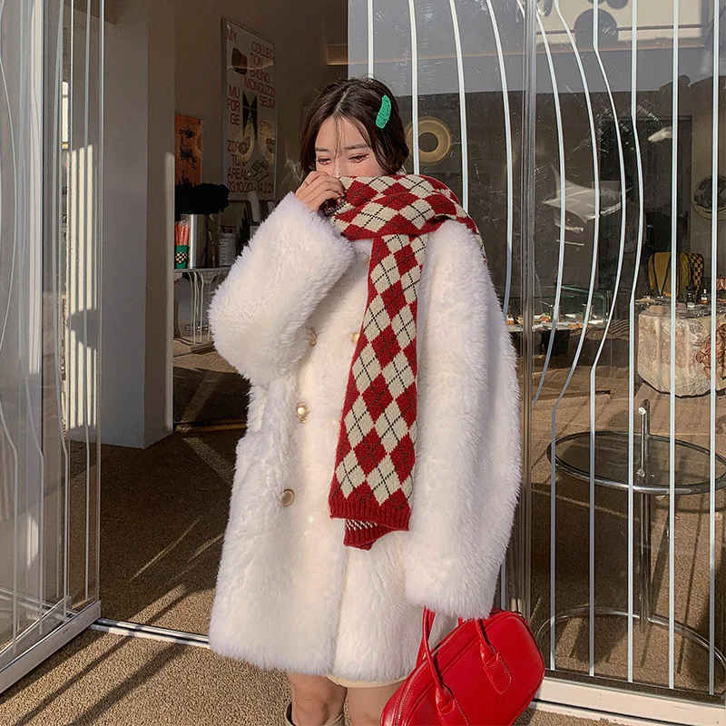 Toka Fur Cashmere Jacket Female Autumn Winter Lamb Faux Furry Mid-Length Long Sleeve Double Breasted Furry Coat Women Clothes