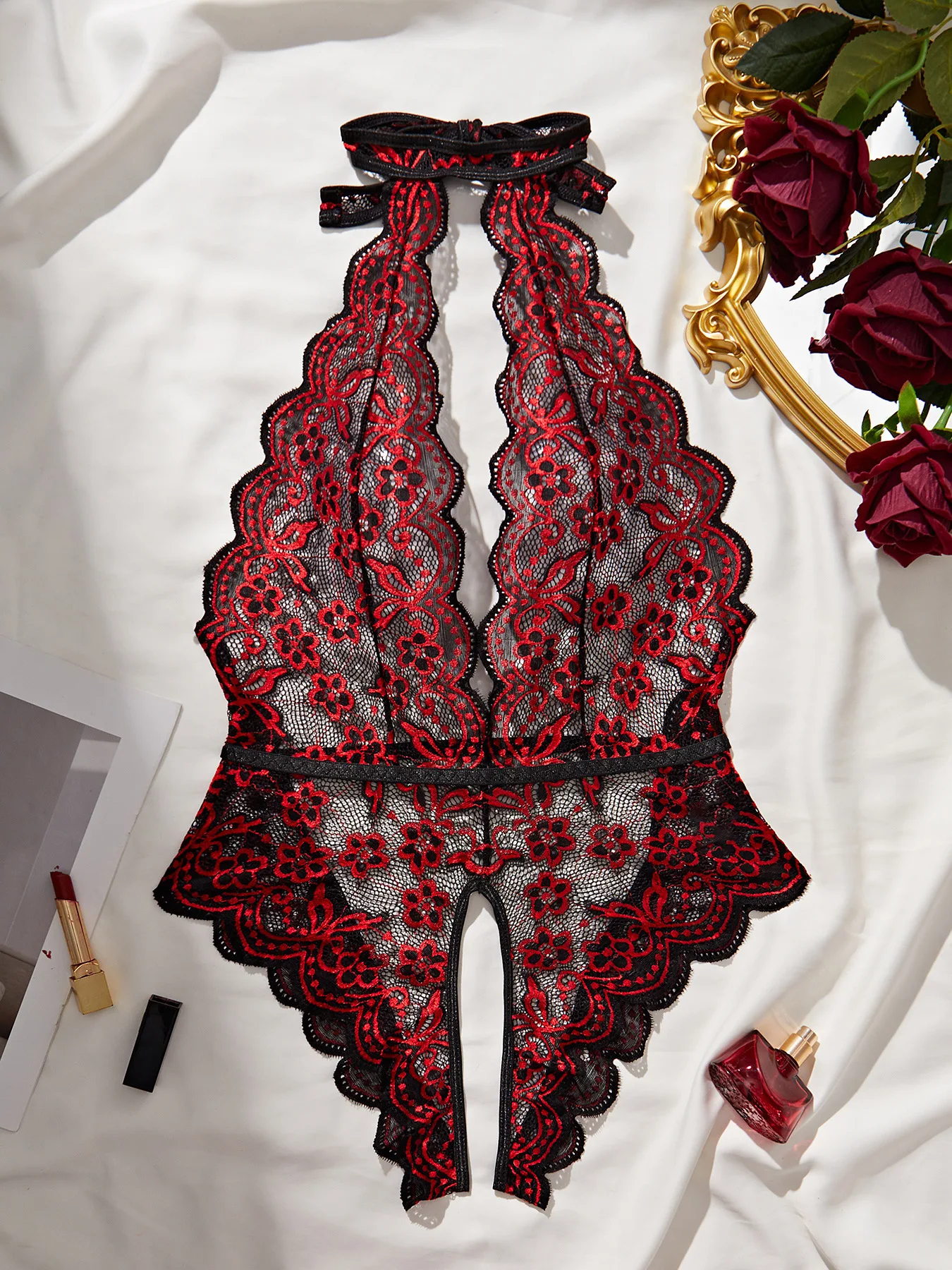 Plus Size Sexy Lingerie Woman Lace Patchwork Sleepwear Backless Pajama Transparent Babydoll Halter Underwear Crotchless Bodysuit