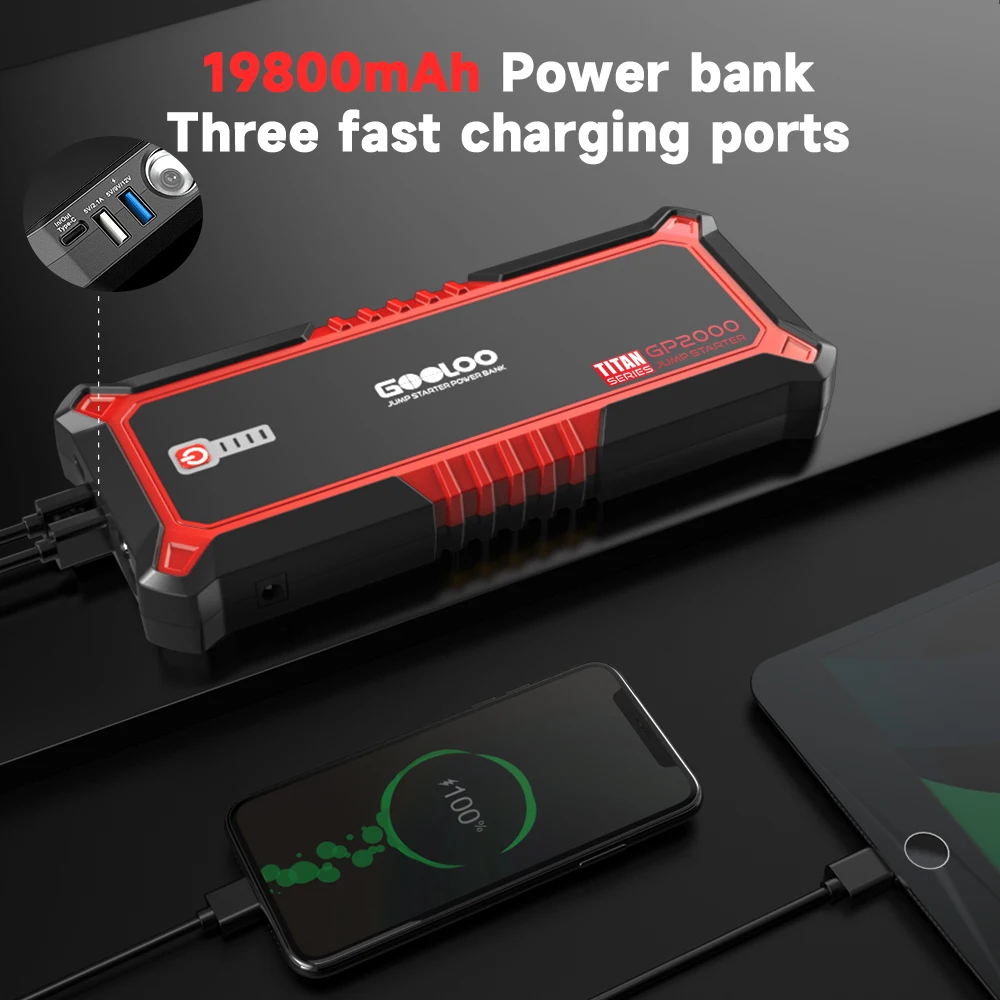 GOOLOO New GP2000 Jump Starter, 12V 2000A Car Jumper Starter(Up to 8.0L  Gas, 6.0L Diesel Engines), SuperSafe Portable Car Battery Charger, Auto  Lithium Jump Box Booster Pack with USB Quick Charge 