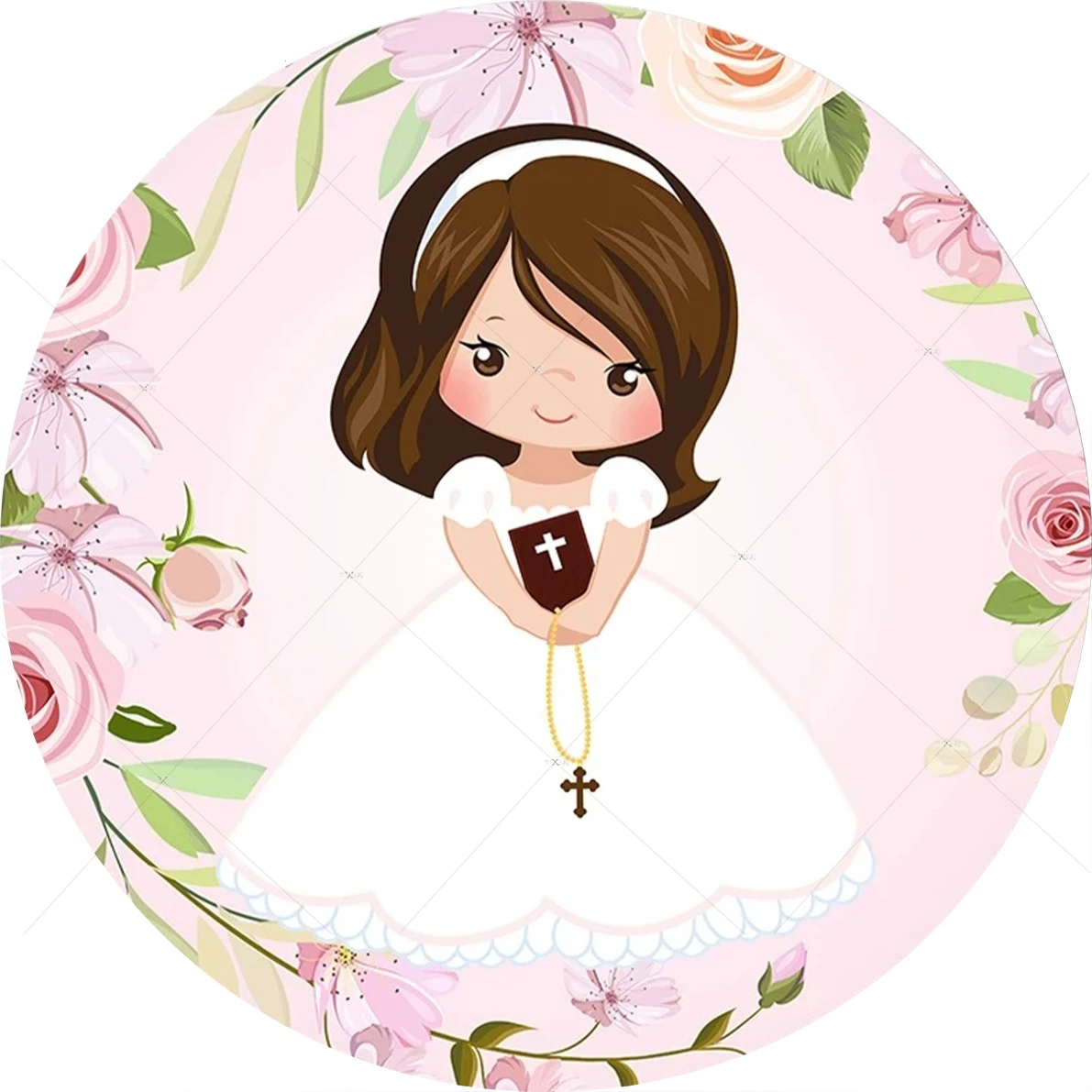 My First Communion Decoration Pink Flower Cross Baby Girl Baptism Round