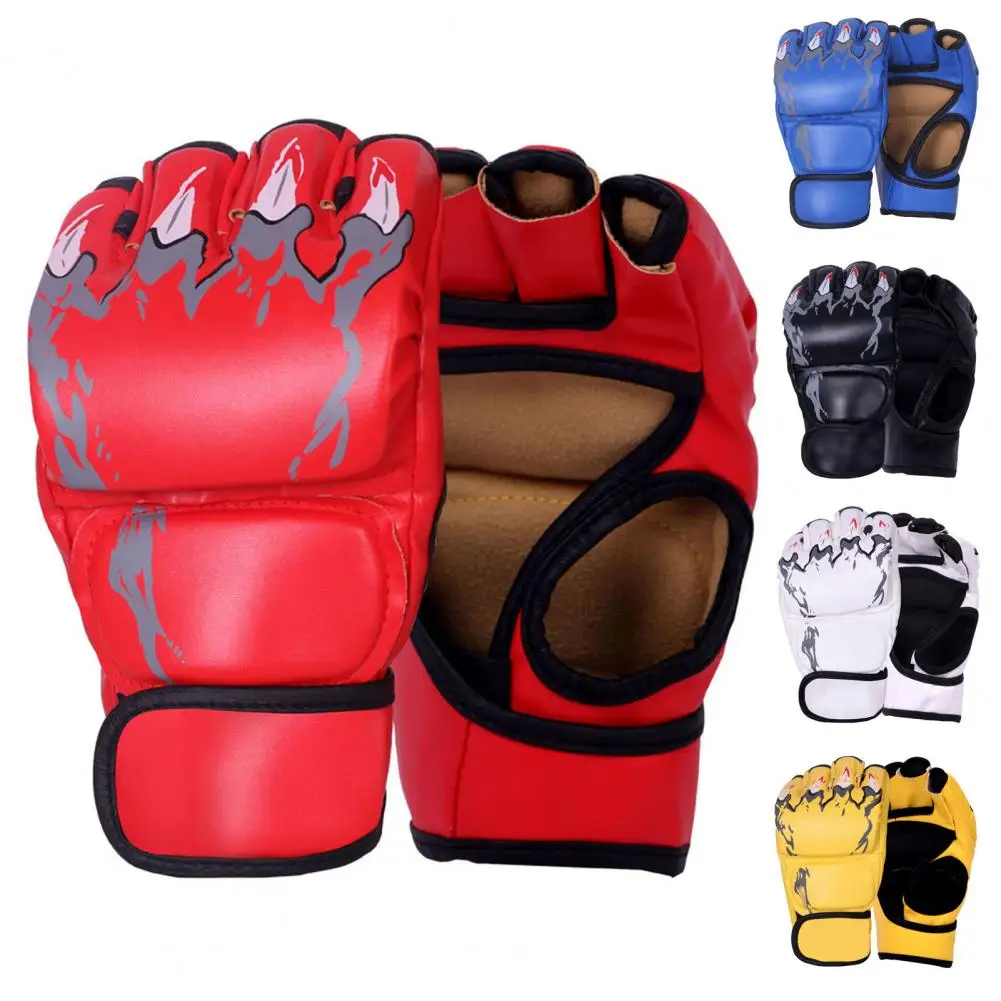 1 Pair Boxing Gloves Men With Fastener Tape Shock-absorbing Wear Resistant Thick Padded Adjustable Half-finger Kickboxing Gloves