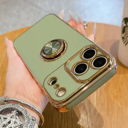 Elegant Plating Ring Stand Bracket Holder - Soft Silicone Protective Case - iPhone 15 (Avocado Green)
