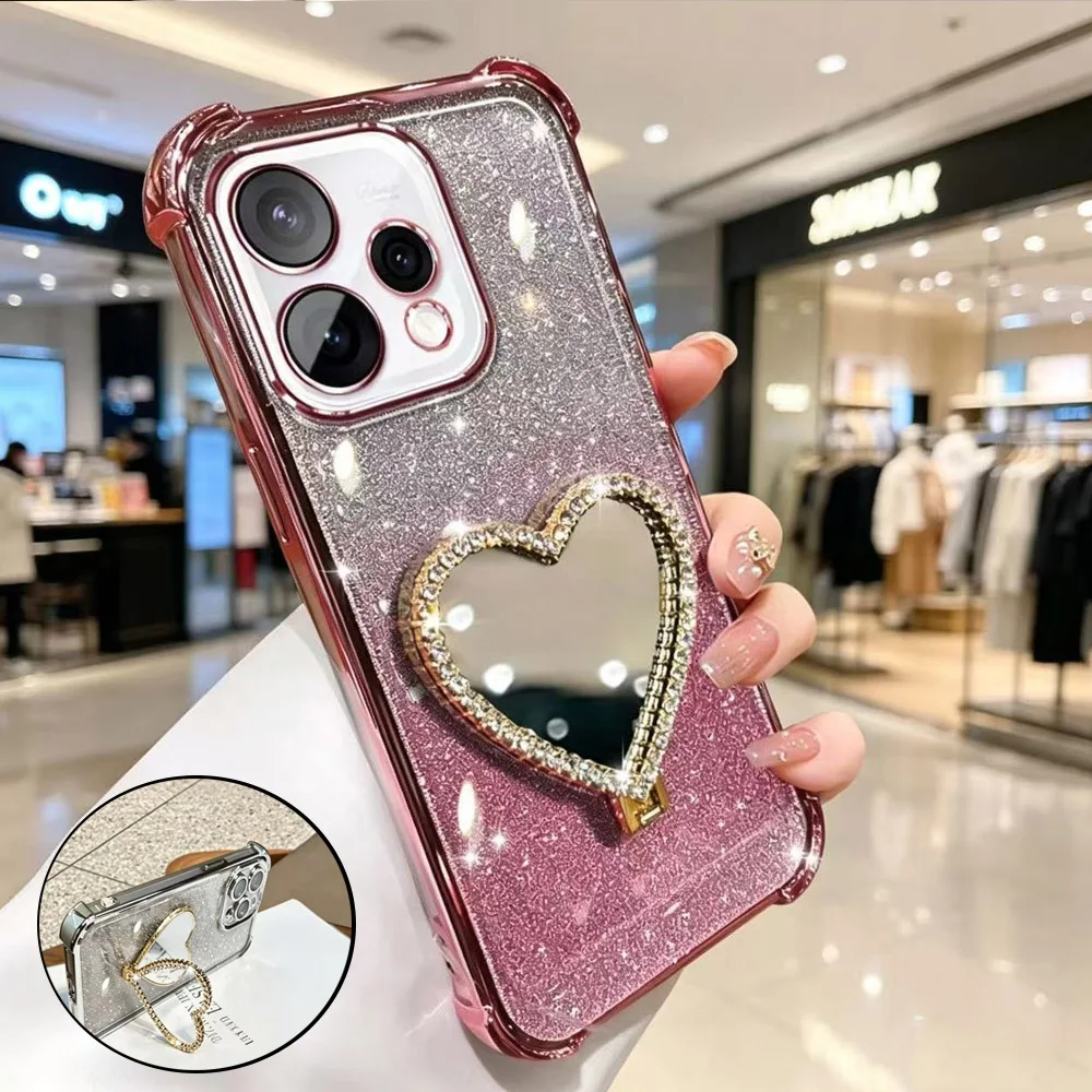 Glitter Heart Mirror Phone Case - Shockproof Silicone Cover with Holder Bracket
