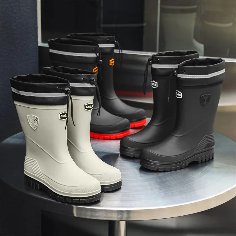 Bottes de pluie mi-mollet hommes confortables en PVC pour pêche extérieure et cuisine anti-dérapantes