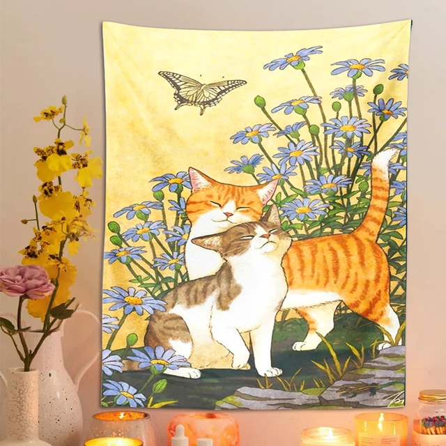 Aranyos Macska Gobelinfalfal Lógó Rajzfilm Pillangó Növény Virág Esztétikai Szoba Dekoráció Bohémia Természet Otthoni Hálószoba - Image 3