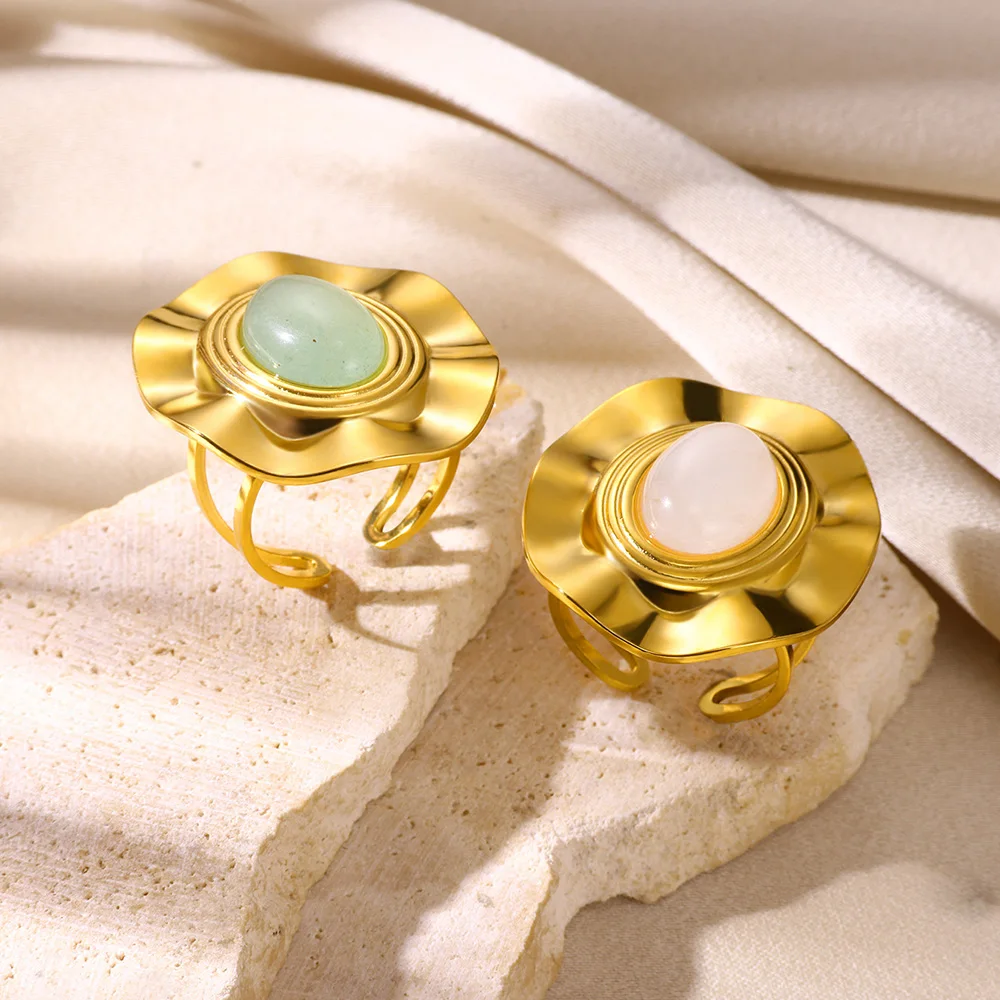 Natural Stone Heart Ring For Women Gold Color Stainless Steel