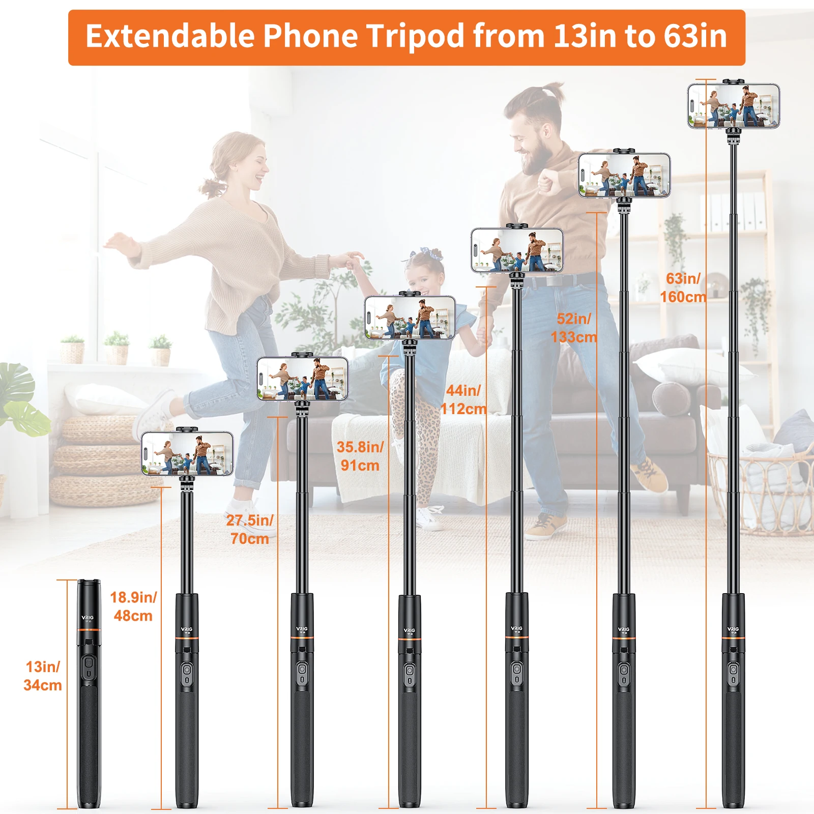 VRIG TP-19 확장형 셀카봉 삼각대, 휴대폰 원격 셔터, 브이로그 셀카 라이브 스트리밍 그룹 사진용, 160cm