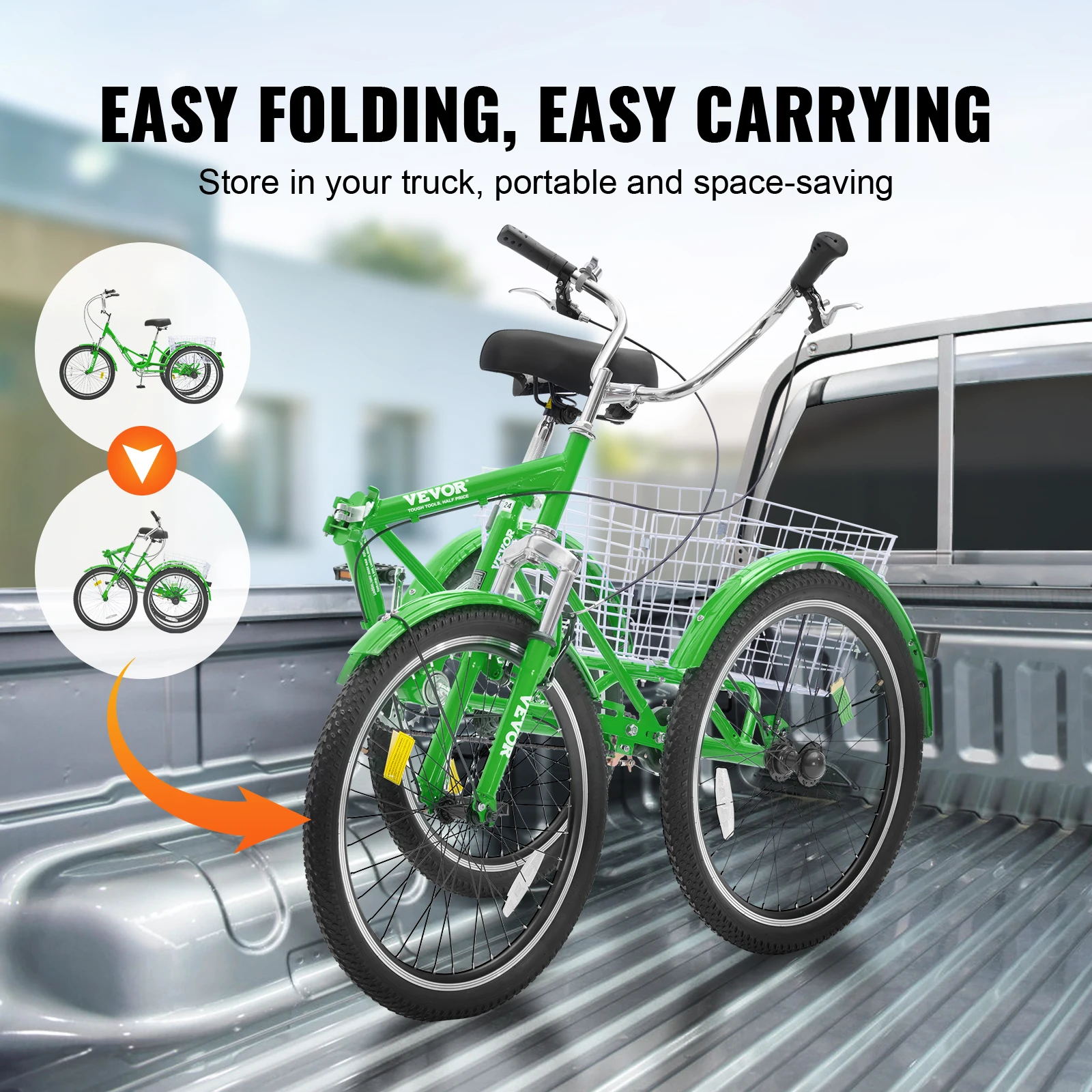 VEVOR 20/24/26-Inch Folding Adult Tricycle Carbon Steel 3 Wheel Cruiser Shopping Picnic Foldable For Women Men Seniors