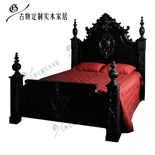 Neoclassical black retro bed/French light luxury solid wood double bed/Chinese carved bed/master bedroom wedding bed/custom 5 Neoclassical black retro bed/French light luxury solid wood double bed/Chinese carved bed/master bedroom wedding bed/custom 5