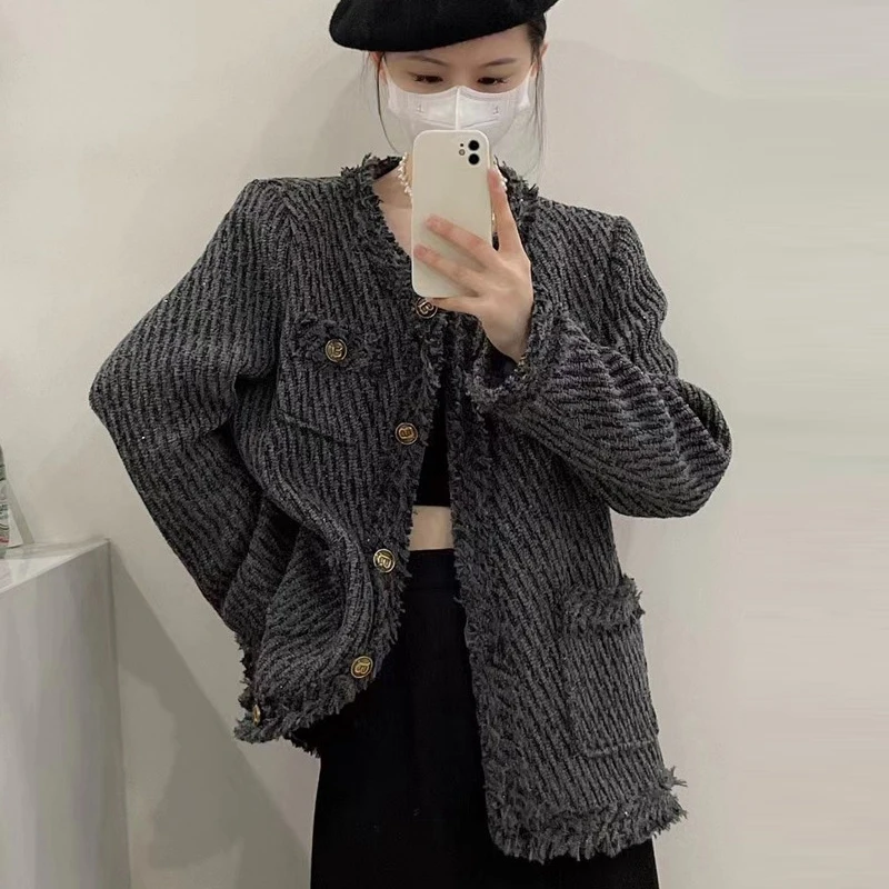 Thick Autumn Winter Tweed Jacket Korean Style Tassel Long Sleeve Outwear 2023 Office Lady Temperament V-Neck Vintage Coat Loose