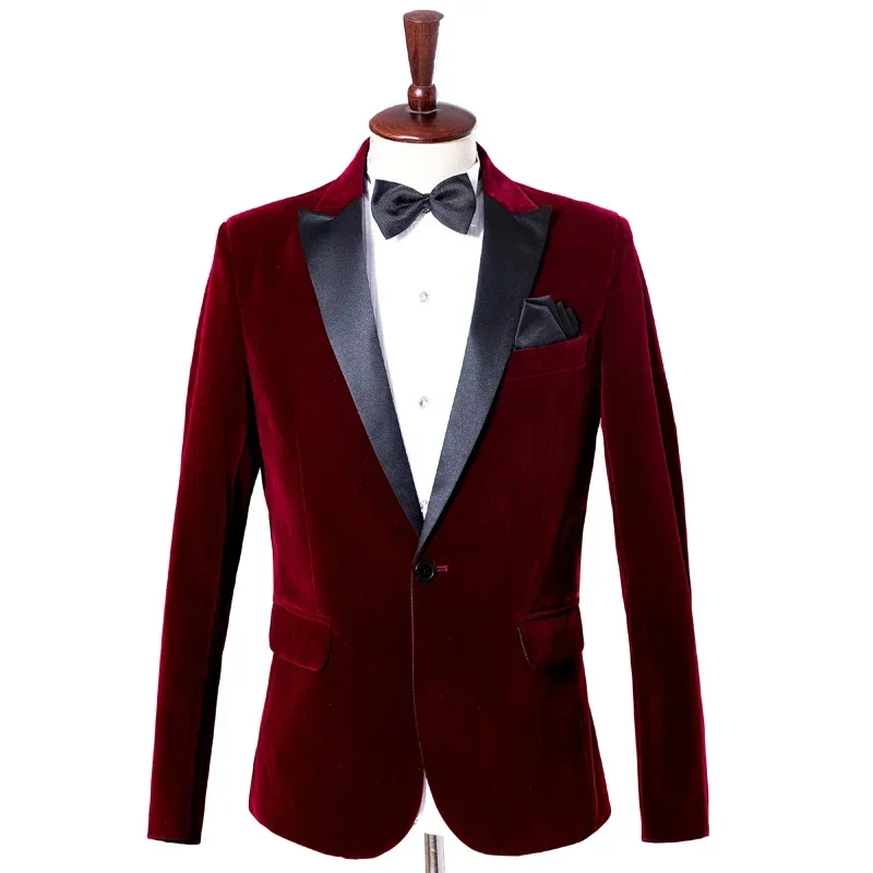 Men's Fashion Trend Velvet Groom Tuxedo Slim Fit Wedding Party Dress Business Casual Suit Jacket Banquet Single Blazers Coat 3