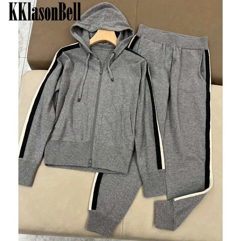 

1.5 KKlasonBell 100% Cashmere Gray 2 Piece Set Drawstring Hooded Zipper Knitted Cardigan With Sweatpants