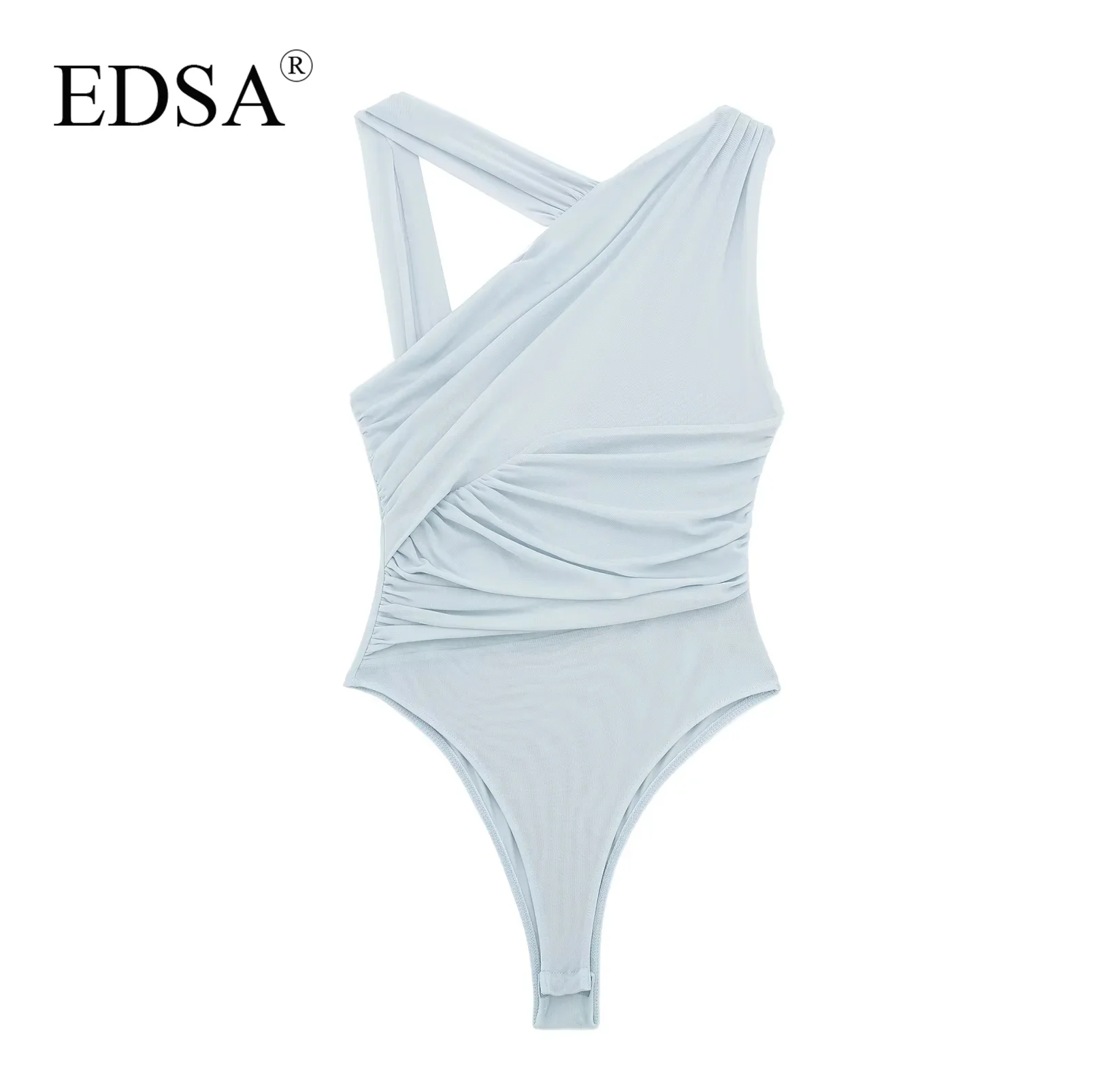 EDSA Women Leopard Tulle Bodysuit 2024 Summer Hollow Out Irregular Straps Snap-botton for Holiday Beach Style Streetwear