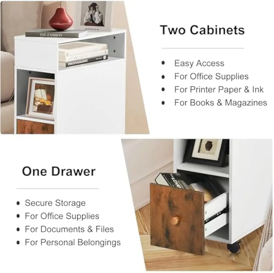 Mobile File Cabinet with Drawer & Dual-Sided Storage Shelves, Rolling Vertical File Organizer for Home Office - White/Brown