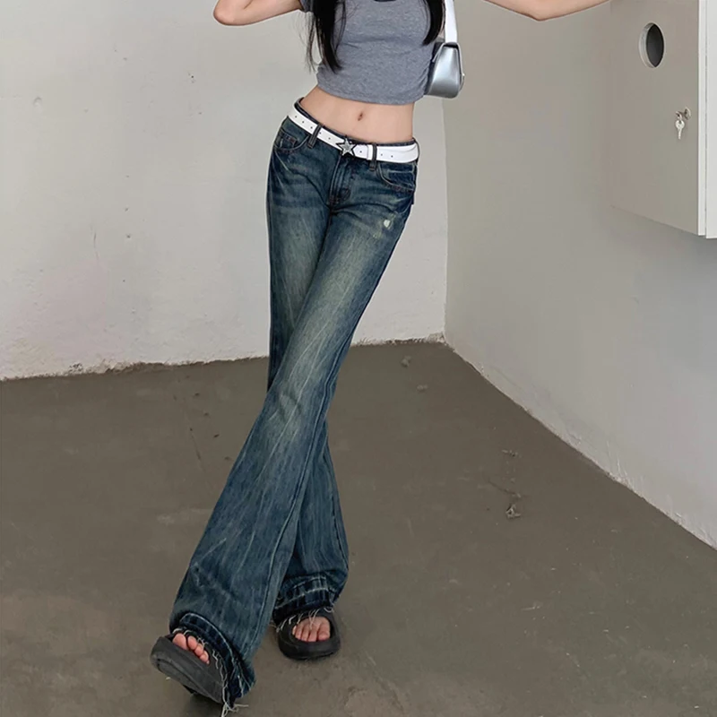 American Style High Street Spicy Girl Sexy Vintage Trend Low Waisted Micro Horn Jeans Women's Button Zippered Pockets Long Pants