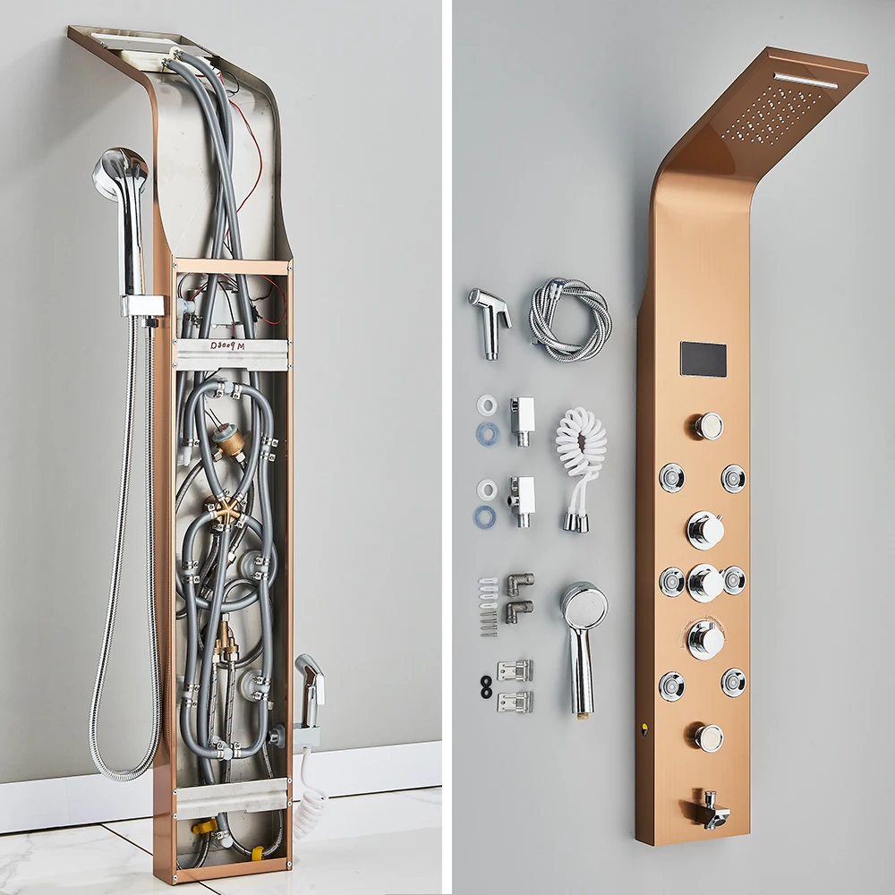 Shower Panel Bathroom Shower Faucet Set LED Bathroom Shower Panel 6 Modes Intelligent LCD Shower Column Rose Gold Rain Waterfall Bath Systems With Massage Jet Mixer Tap