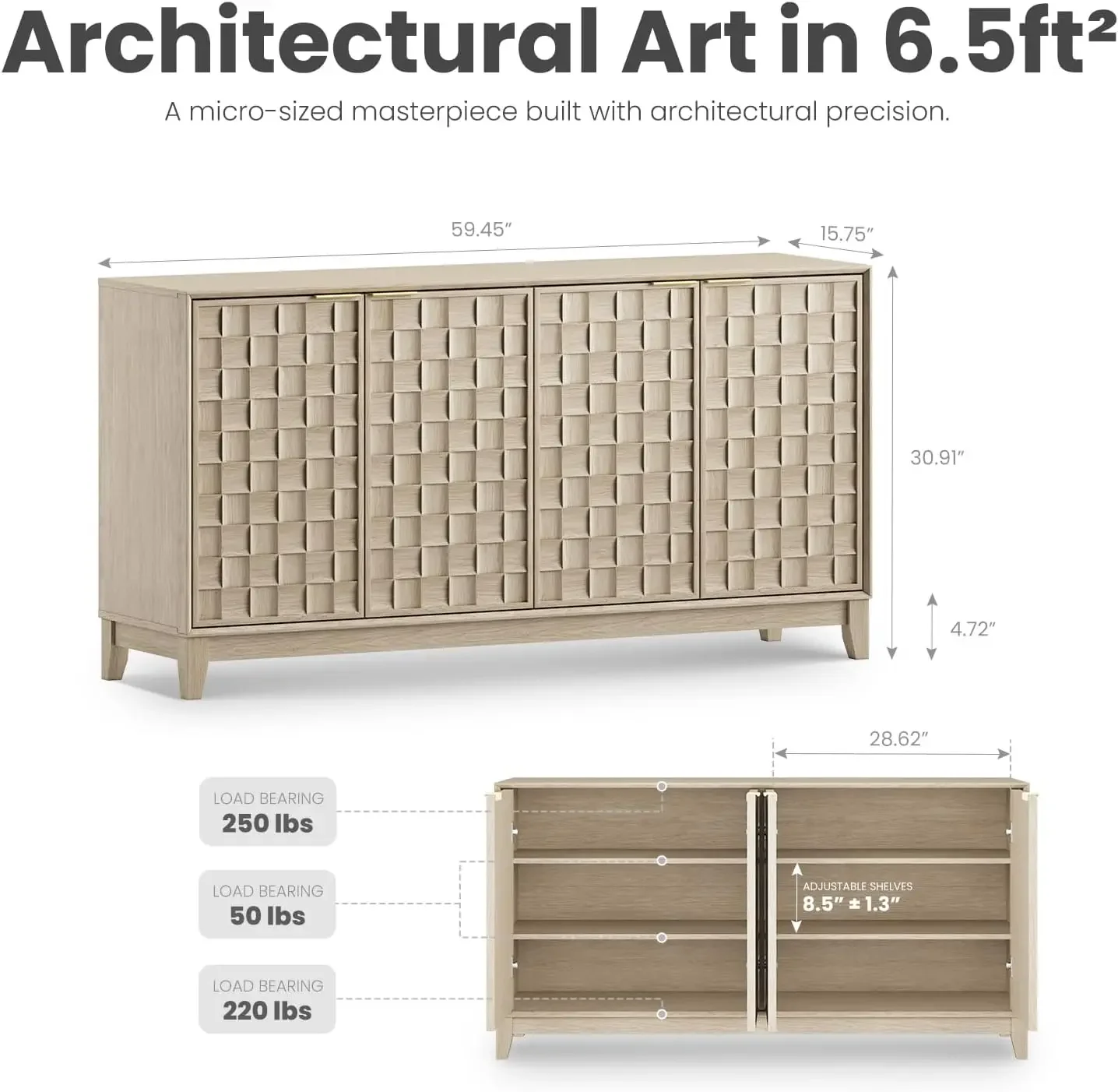 NEW-Fluted Sideboard Cabinet with Storage – Solid Wood Buffet for Dining Room, Credenza Console with Adjustable Shelves