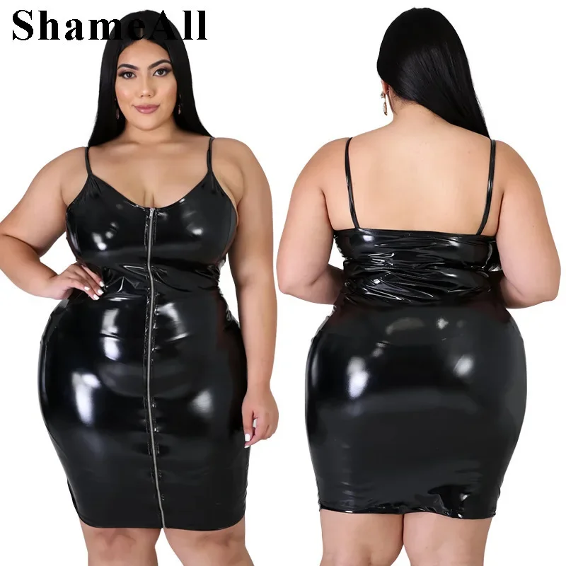 Vestido corto de piel sintética para mujer, minivestido ajustado de talla grande 4XL con cremallera y tirantes, cuello en V, Espalda descubierta,