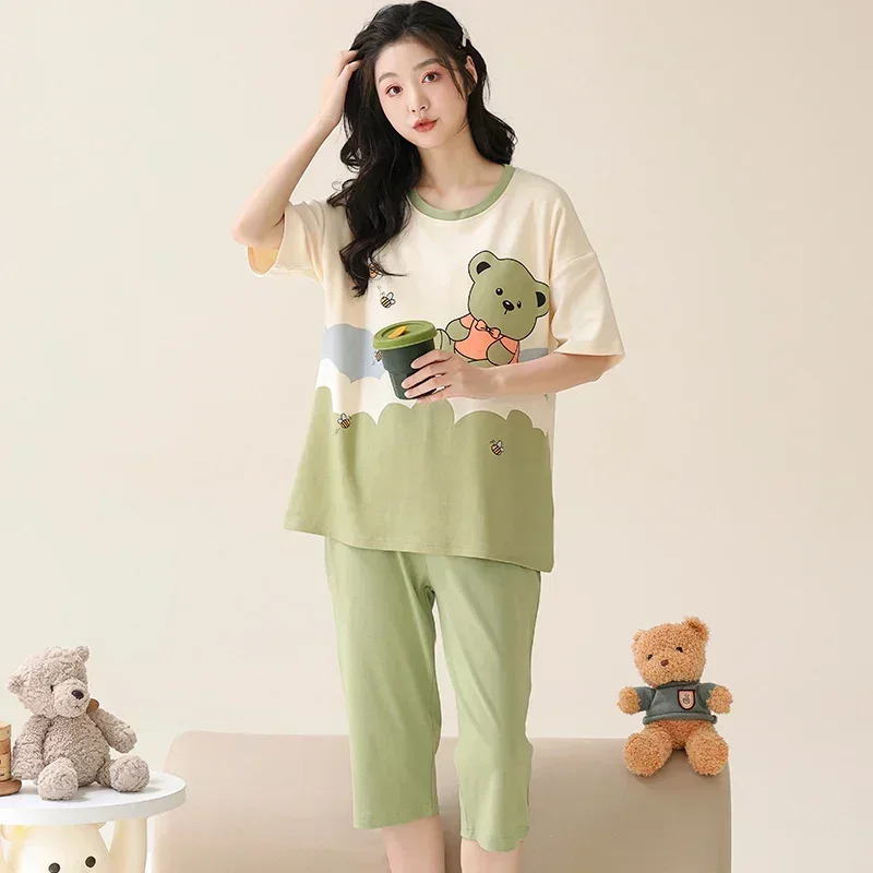 SUKAE Lady Pajamas Set M-5XL Big Size Calf-length O-Neck Sleepwear Women Cotton Vintage Comfortable Casual Pijamas Woman women pajamas set women pajama suit cotton pajamas set