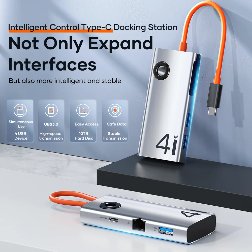 ROCK USB 3.0 HUB Type C to RJ45 USB 3.0 Adapter, Ethernet Port, Docking Station for Macbook, Xiaomi, Dell, iPad, Huawei, 4 in 1