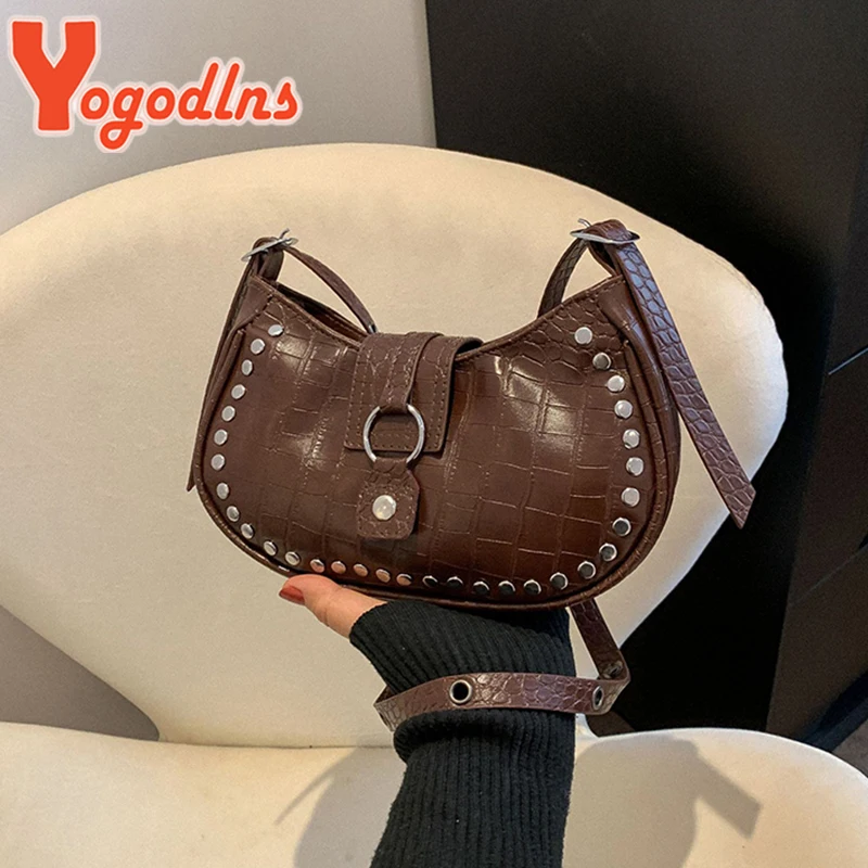 Yogodlns Vintage Rivet Shoulder Bag Women PU Leather Crossbody Bag Cool