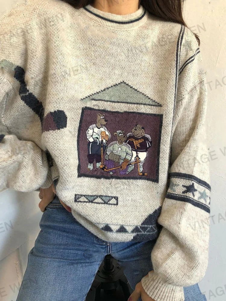 Vintage Floral Gray Jacquard Embroidered Knitwear Trendy Ins Women 'S Autumn And Winter Personalized Sweater