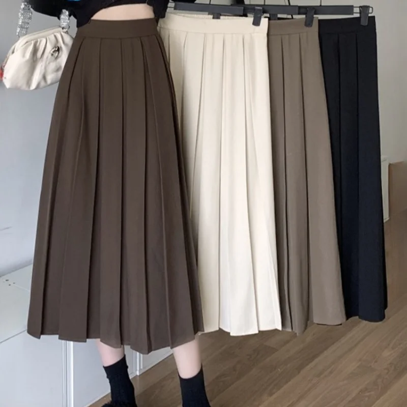 

Женская юбка-трапеция средней длины, черная плиссированная юбка с высокой талией и драпировкой, универсальная юбка в складку для весны и осени