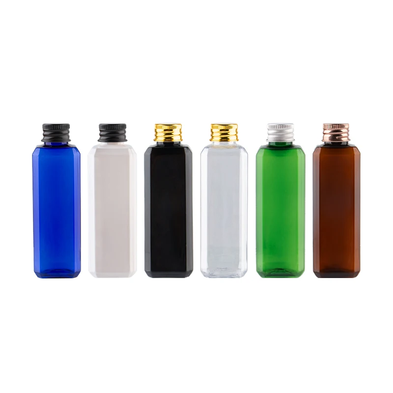 알루미늄 캡이 있는 사각형 플라스틱 병, 샴푸 물 포장 병, 오일 화장품 용기 액체, 50ml 100ml X 50PC, 100CC